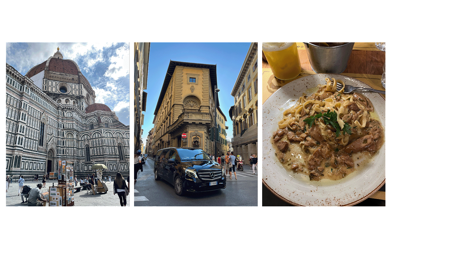 duomo, city street with a black suv in the middle, plate of mushroom pasta