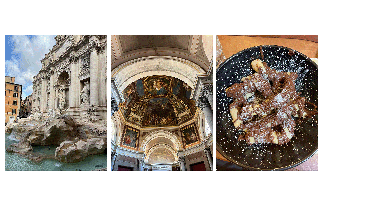trevi fountain, paintings on the ceiling in the vatican, beignets with chocolate drizzle